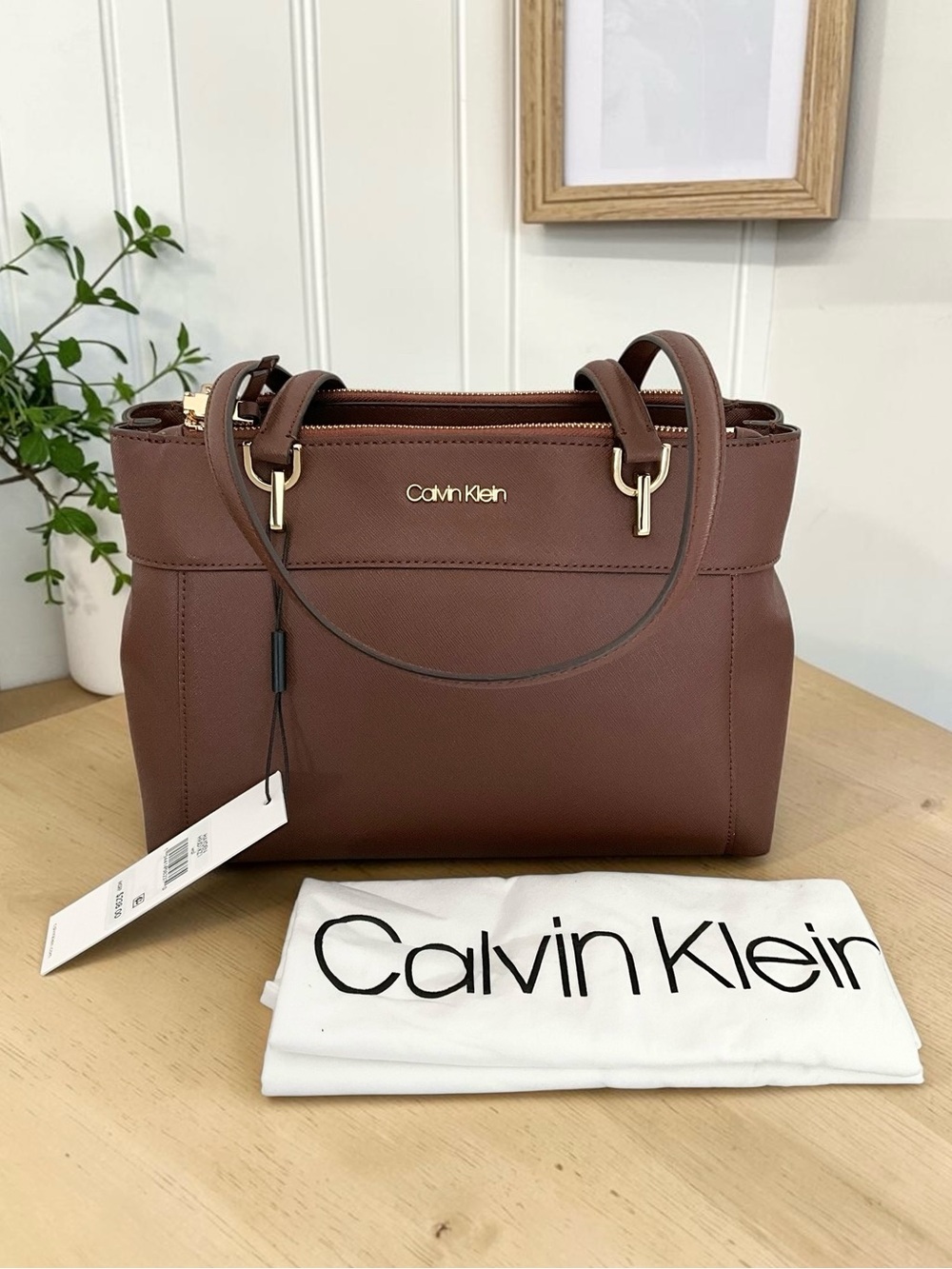 Calvin Klein Hayden Brown Leather Triple Compartment Satchel Magnetic Closure